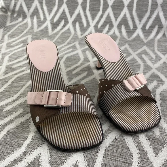 Vaneli Kitten Heel Mules Polka Dot Brown & Pink 8 - Picture 1 of 5